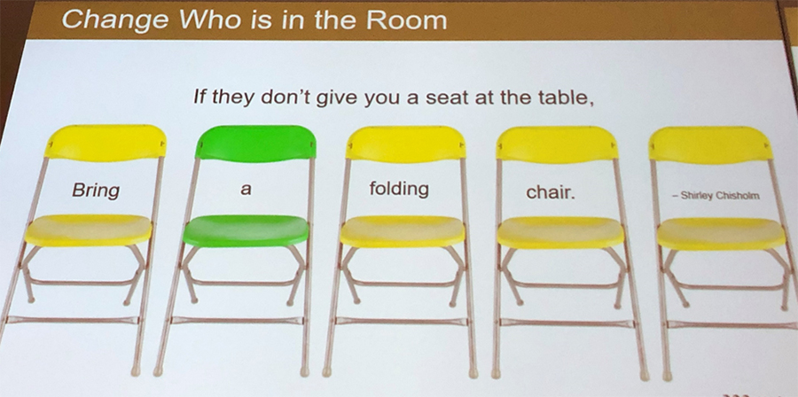 Change who is in the room: "If they don't give you a seat at the table, bring a folding chair" Shirley Chisholm